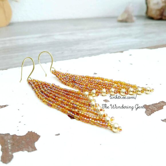 Brown & Gold Beaded Fringe Cascade Shoulder Duster Dangle Earrings, 3.5" - Picture 7 of 7
